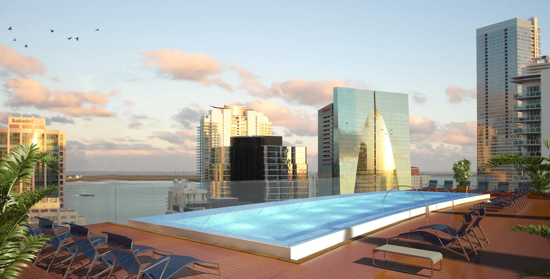Stunning Miami skyline view from the rooftop pool at 1100 Millecento.