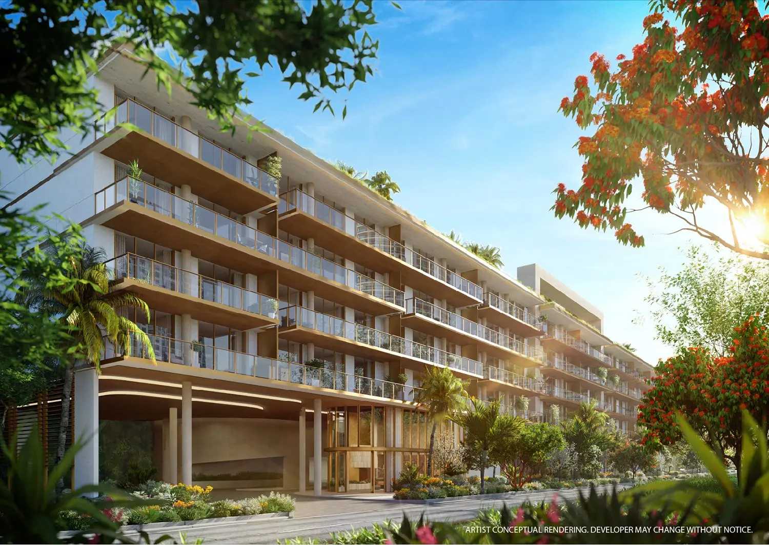 Modern architectural design of 2200 Brickell Residences surrounded by lush greenery.