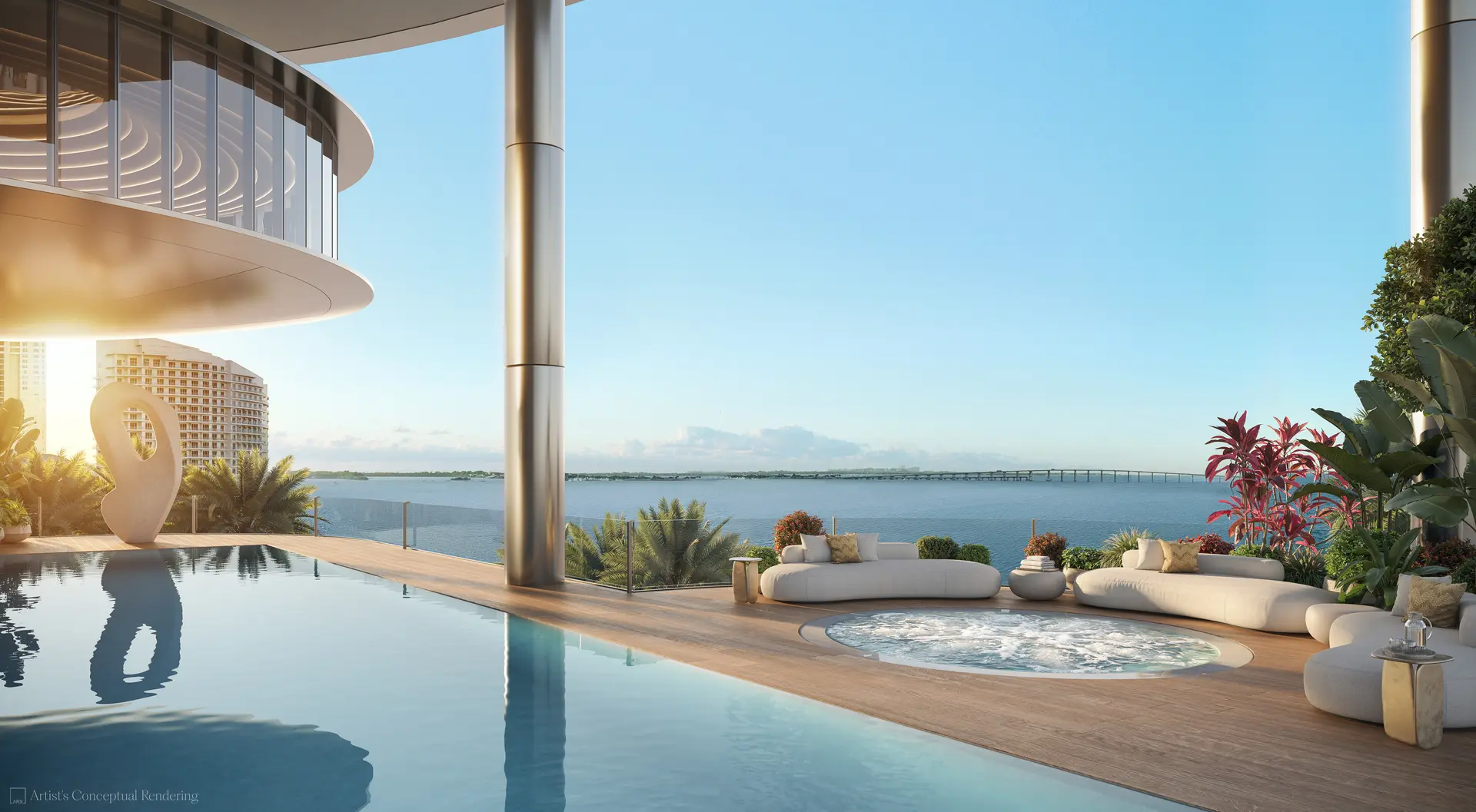 619 Brickell luxury deck with infinity pool and ocean view.