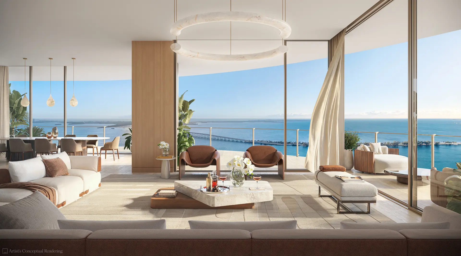 619 Brickell living room with ocean view and modern furnishings in Miami.