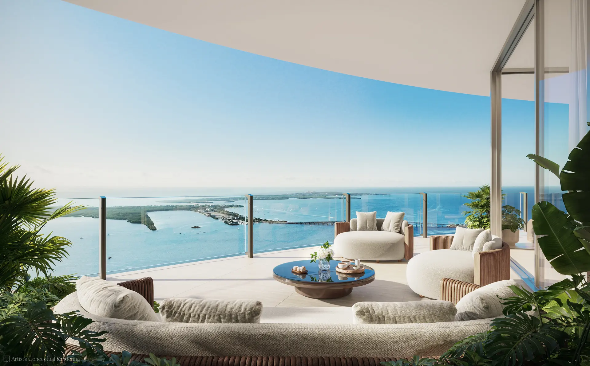 619 Brickell balcony with ocean view and modern seating in Miami.