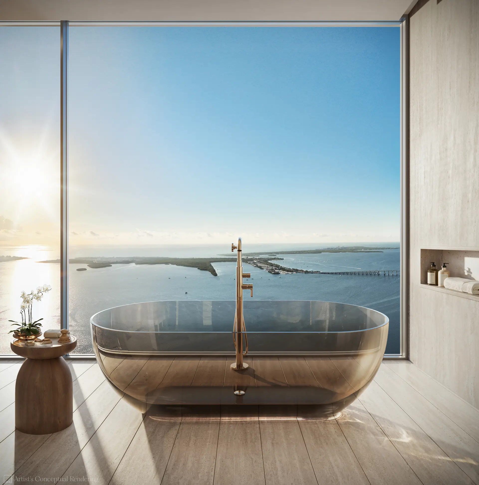 619 Brickell bathroom with ocean view and freestanding tub.