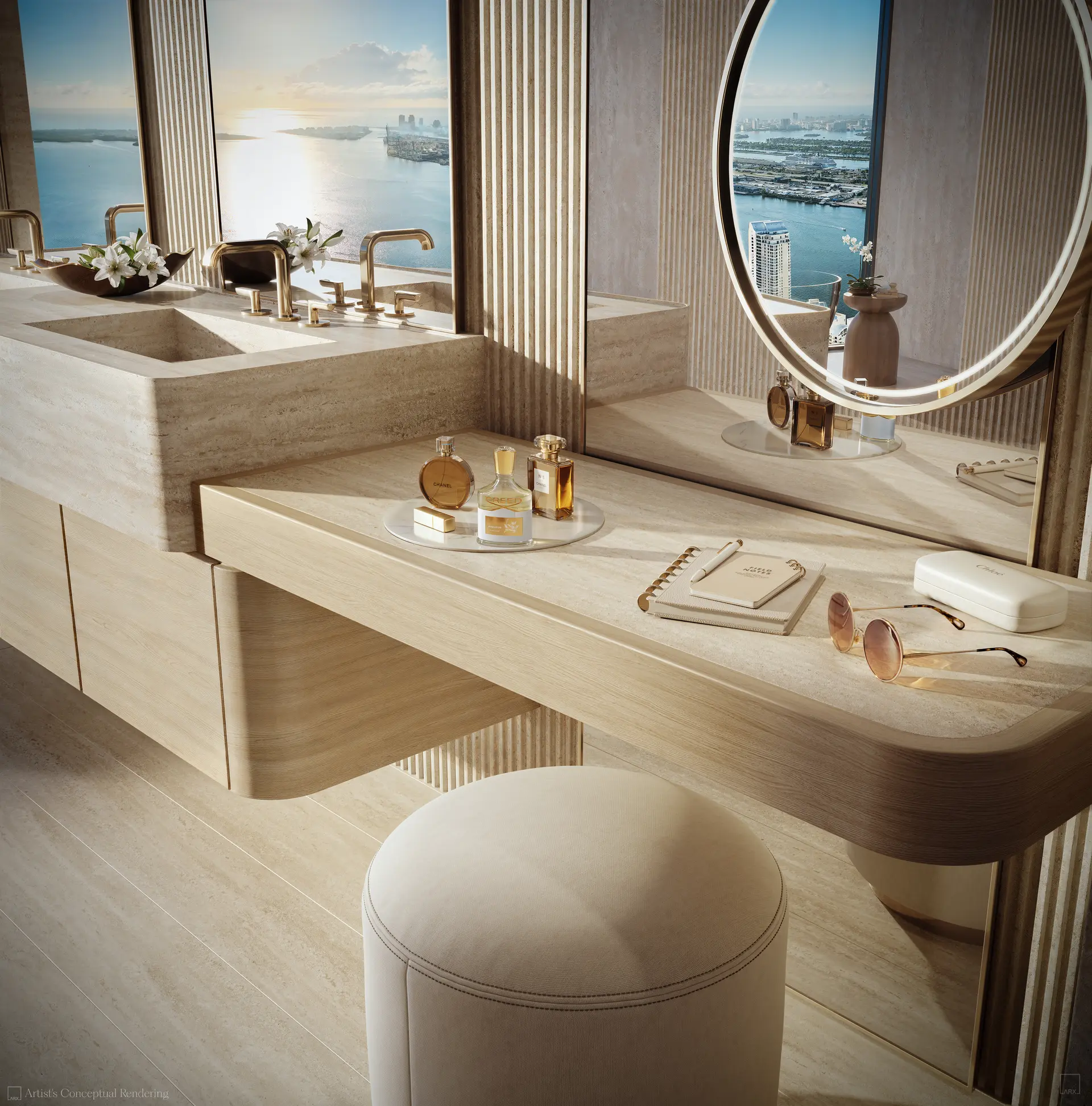 619 Brickell bathroom vanity with ocean view and elegant decor.