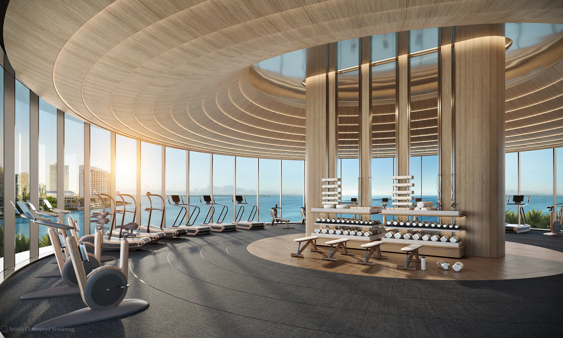 619 Brickell luxury gym with panoramic Miami skyline and ocean views.