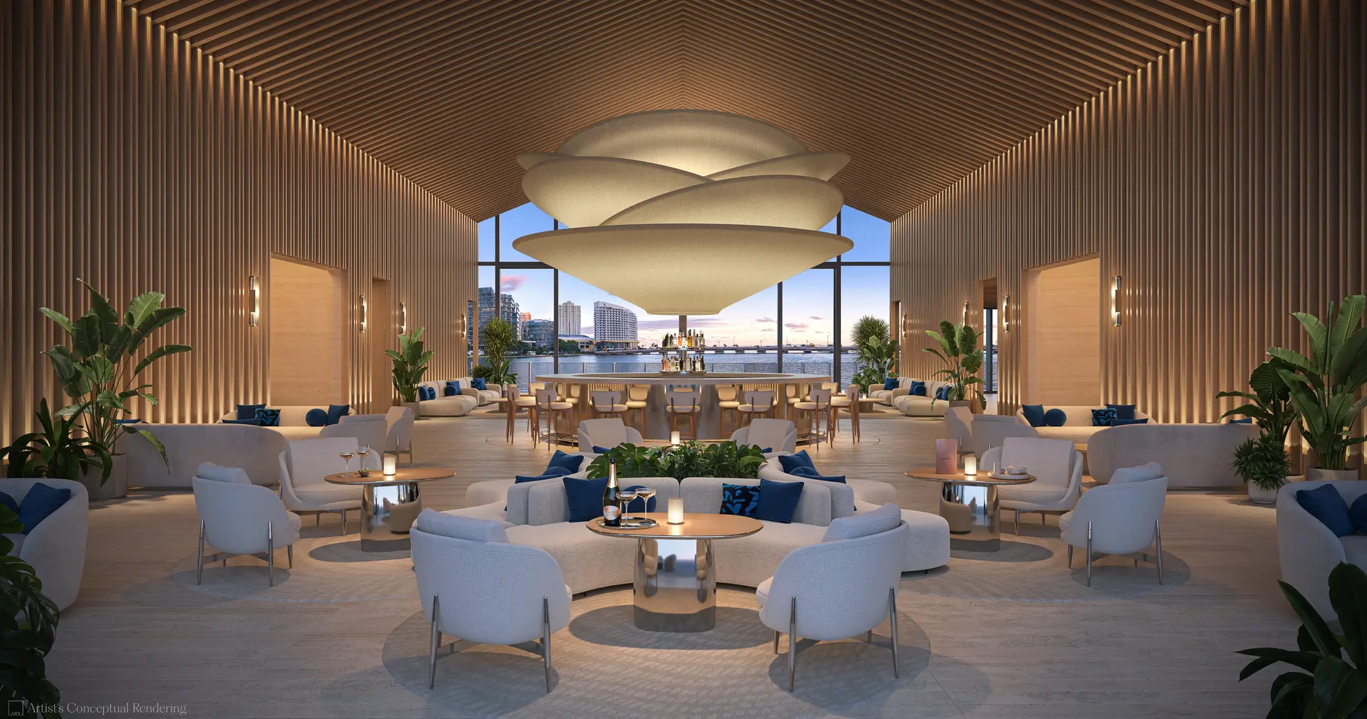 Luxurious lounge with waterfront view at 619 Brickell in Miami.