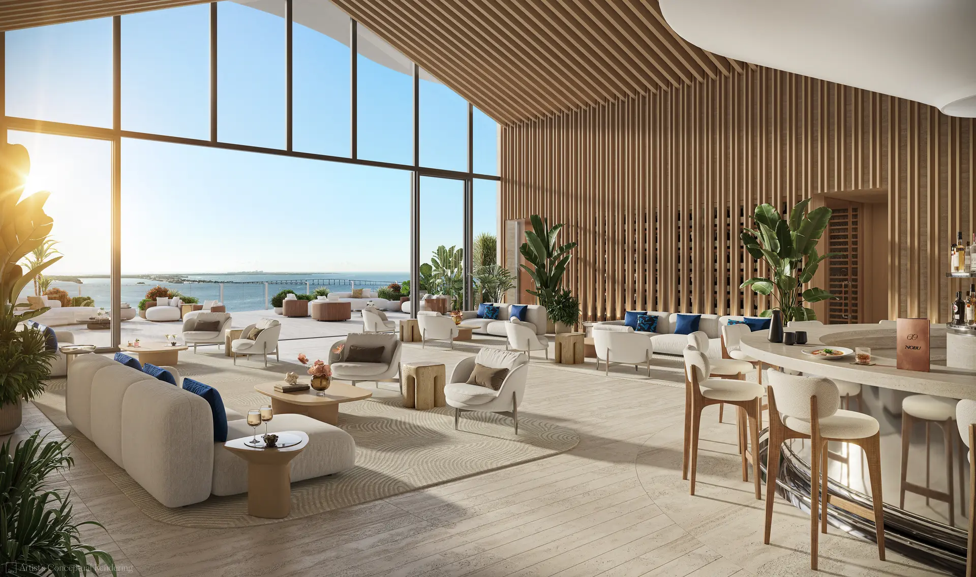 Luxury lounge with ocean view at 619 Brickell, featuring elegant seating and a modern bar.