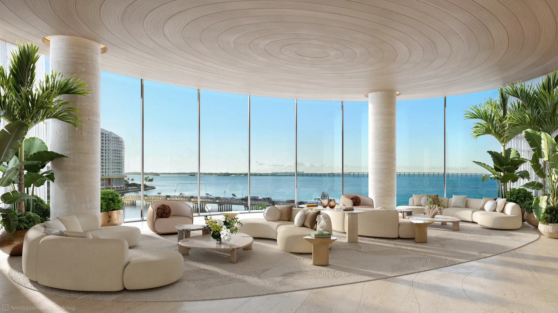 Lounge area with ocean views at 619 Brickell in Miami.