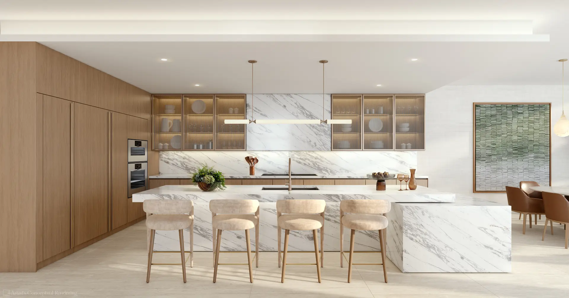 Spacious modern kitchen with marble island at 619 Brickell.