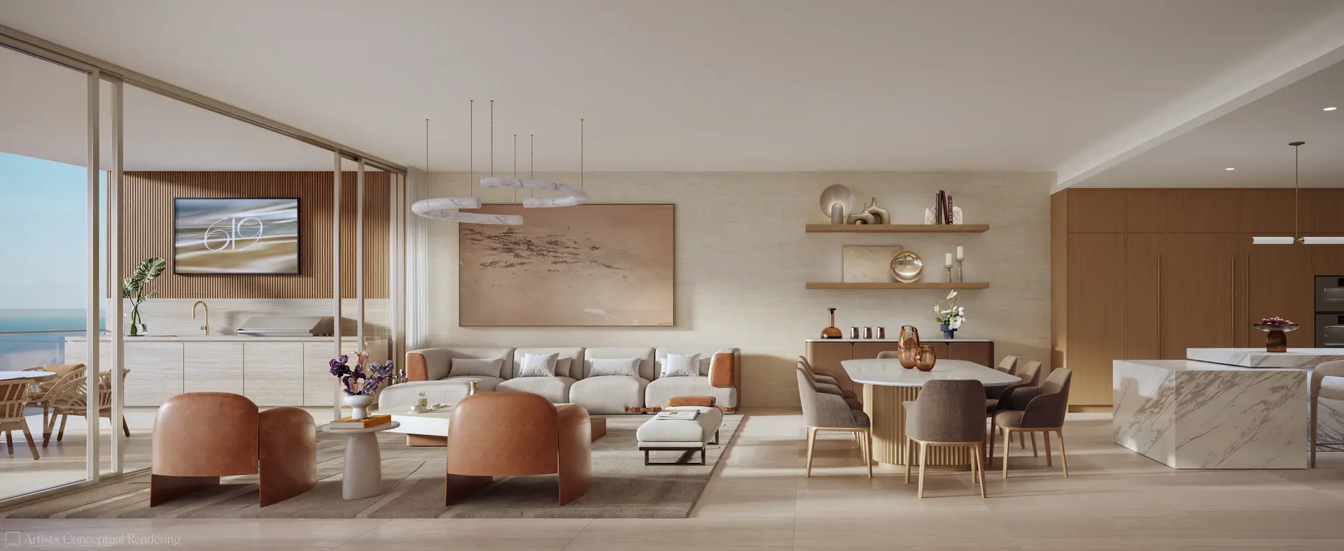 Modern living room at 619 Brickell with elegant decor and ocean view.