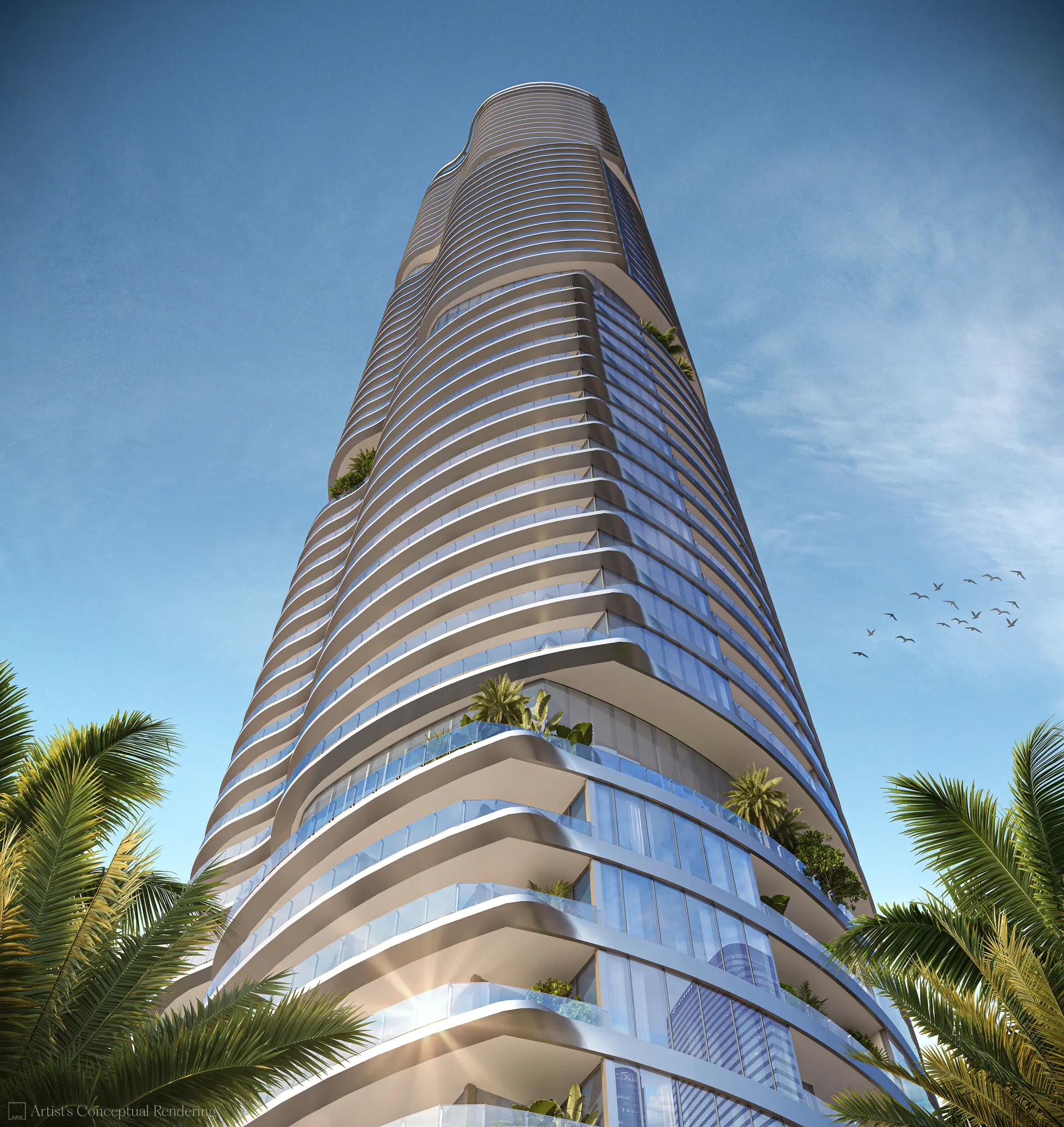 619 Brickell luxury skyscraper with sleek glass facade and curved balconies in Miami.