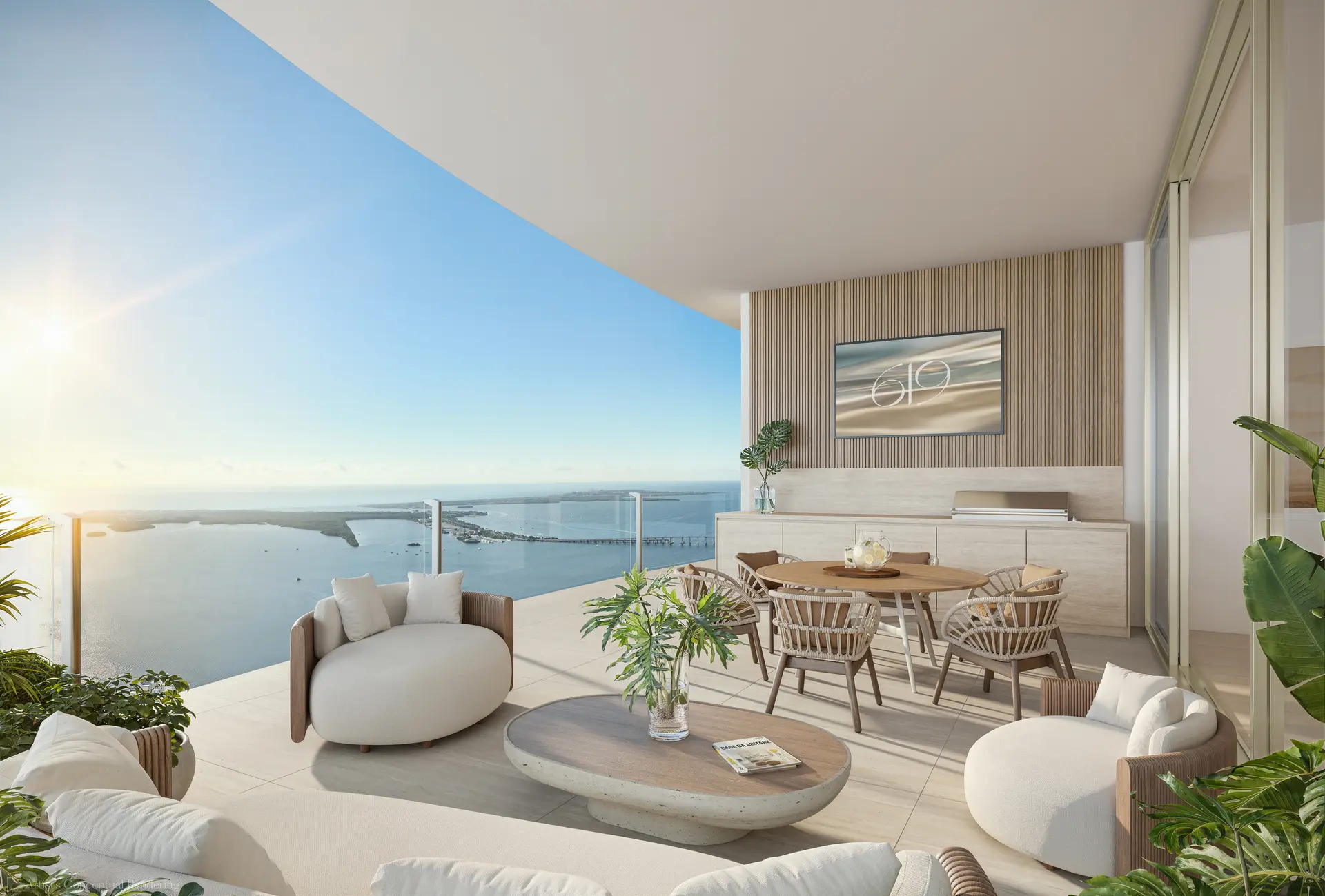 619 Brickell outdoor terrace with views of the Miami skyline and bay.