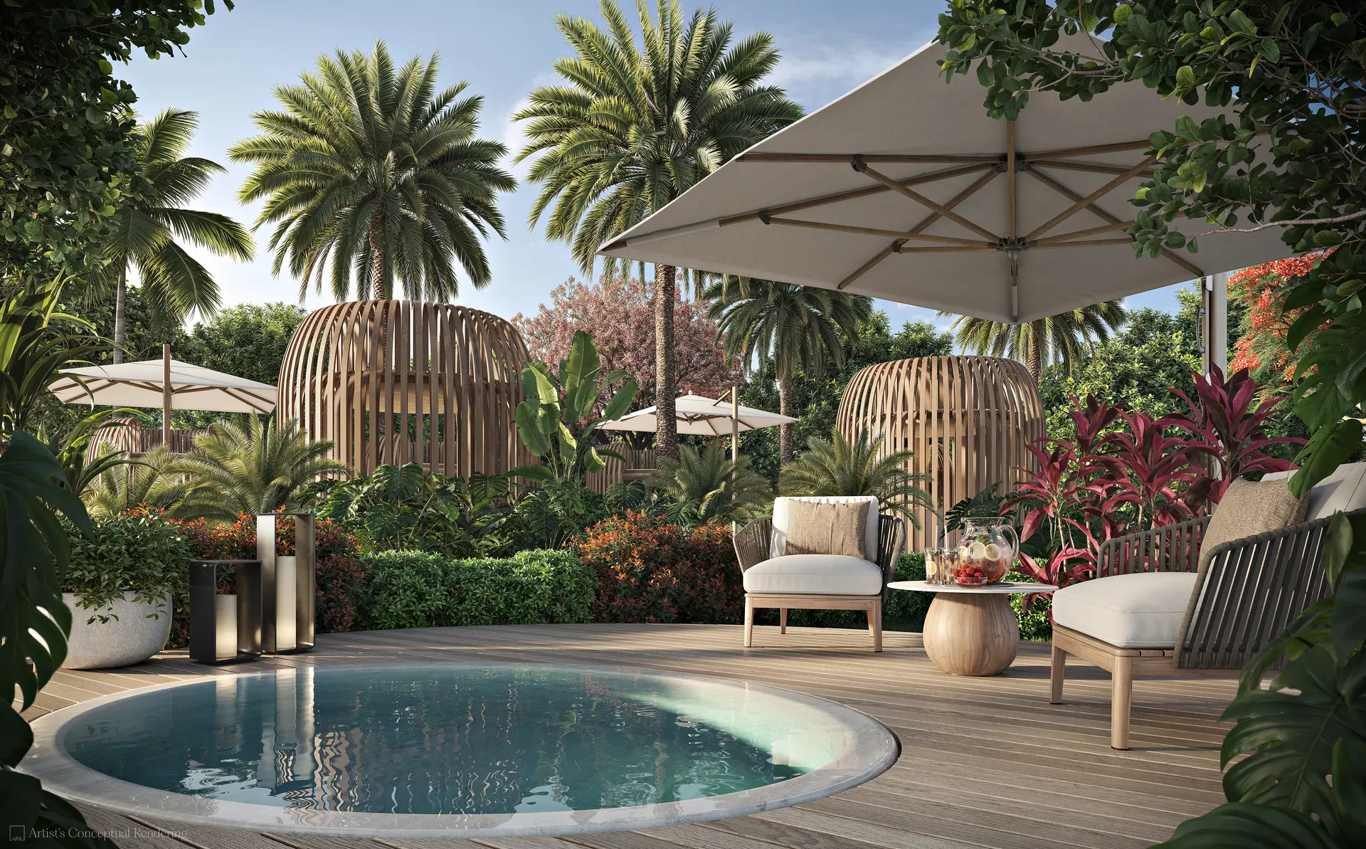 Private garden oasis with pool and lounge area at 619 Brickell.