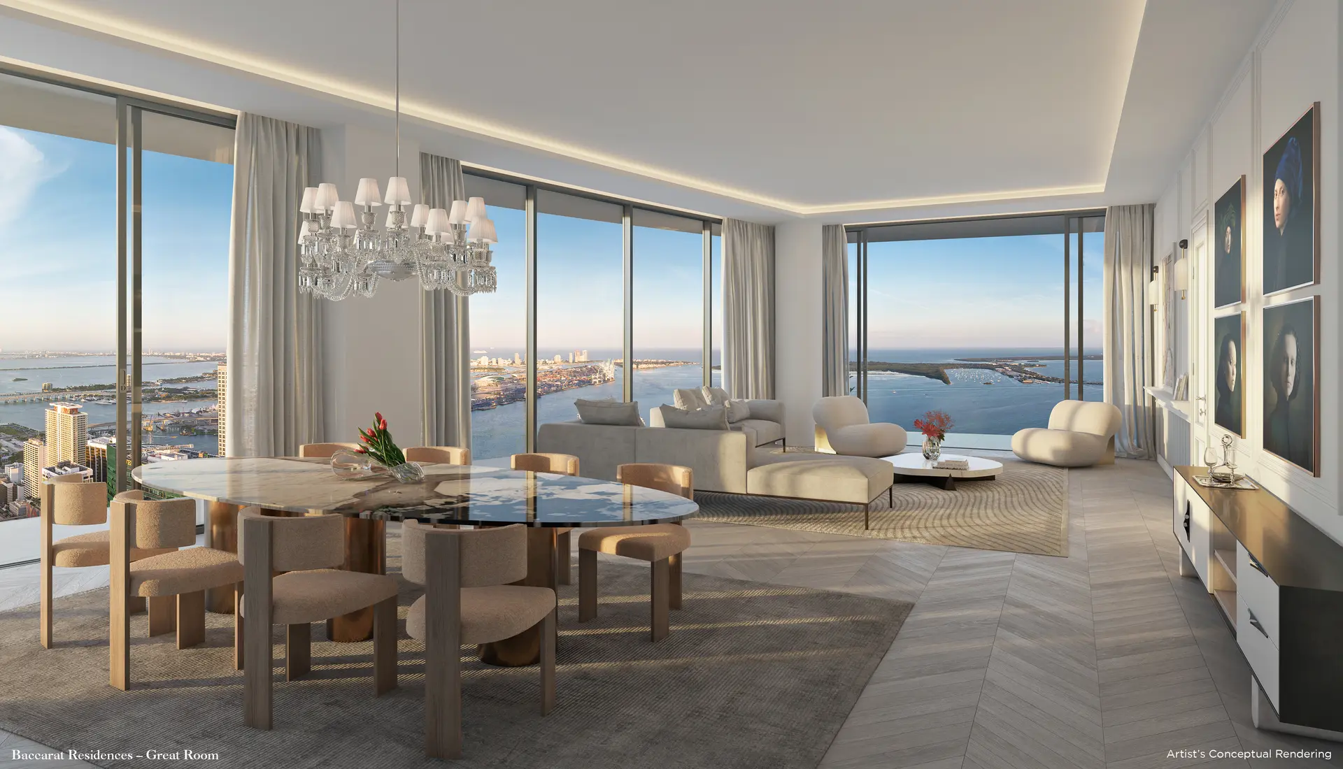 Baccarat Residences dining and living room with expansive Miami water views