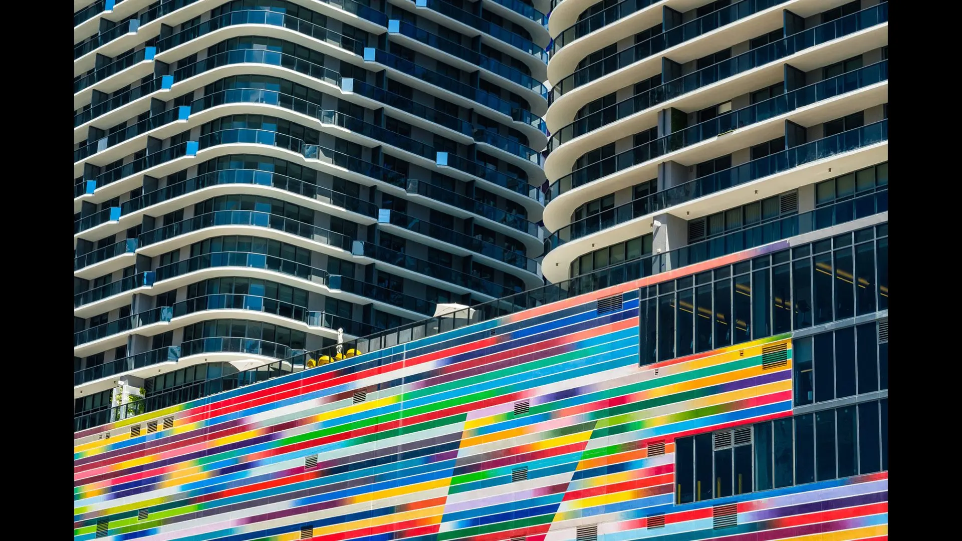 Brickell Heights East showcases a vibrant, multicolored facade in Miami.