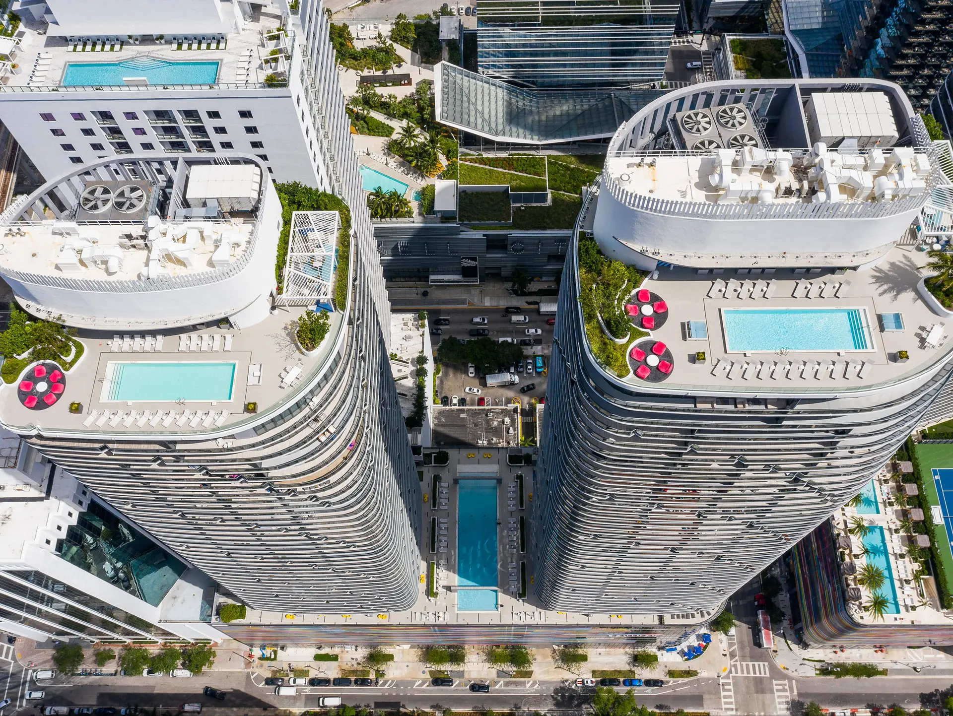 Brickell Heights West aerial view showcasing pool decks on two rooftop towers.