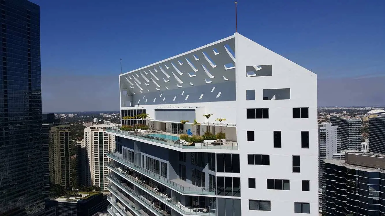 Brickell House rooftop pool with Miami city skyline views.