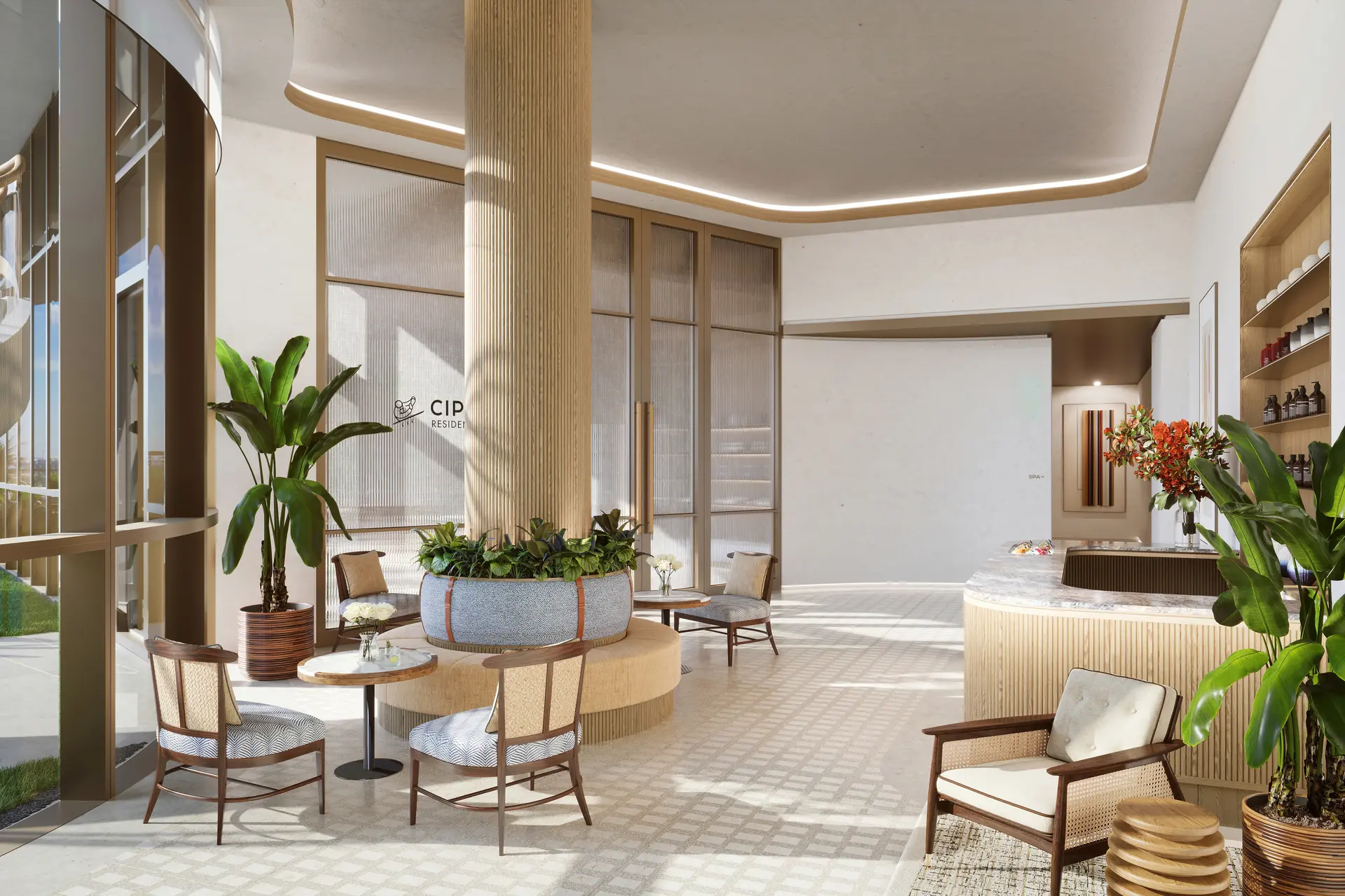 The Cip Residences Miami features a light-filled lobby with modern furnishings and large windows.