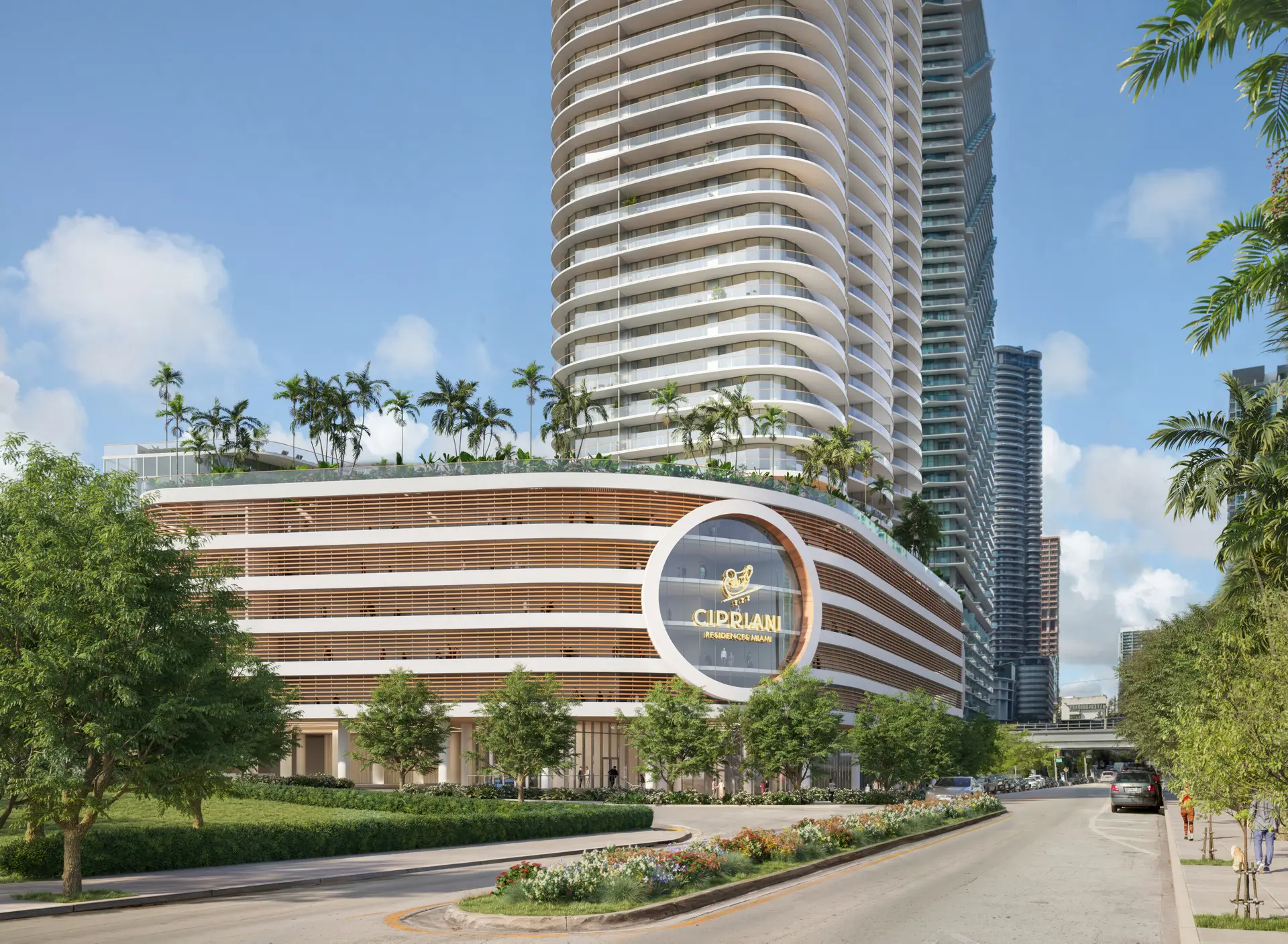Cipriani Residences Miami modern building with palm trees and street view