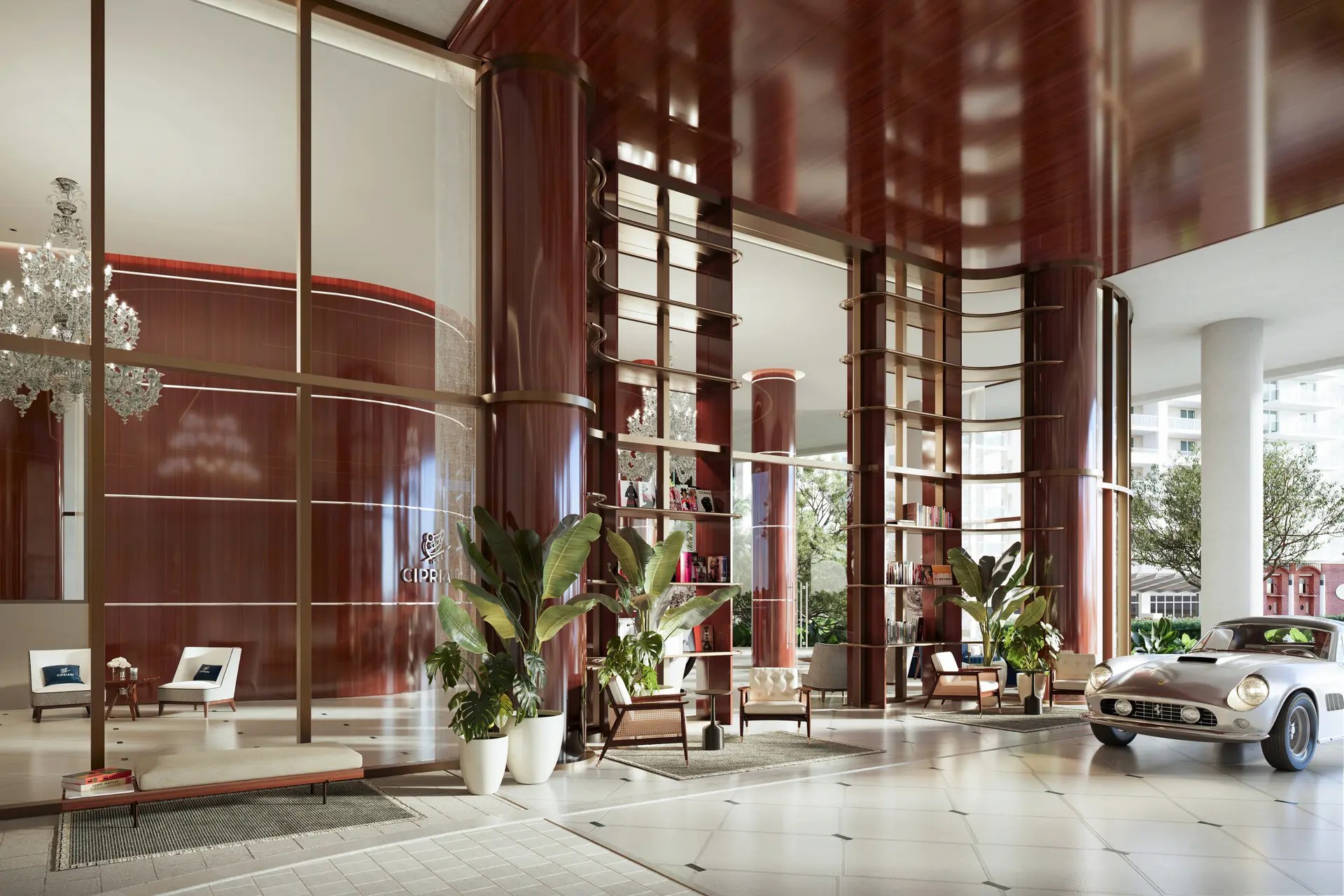Cipriani Residences Miami showcasing an elegant lobby with high ceilings and classic car.