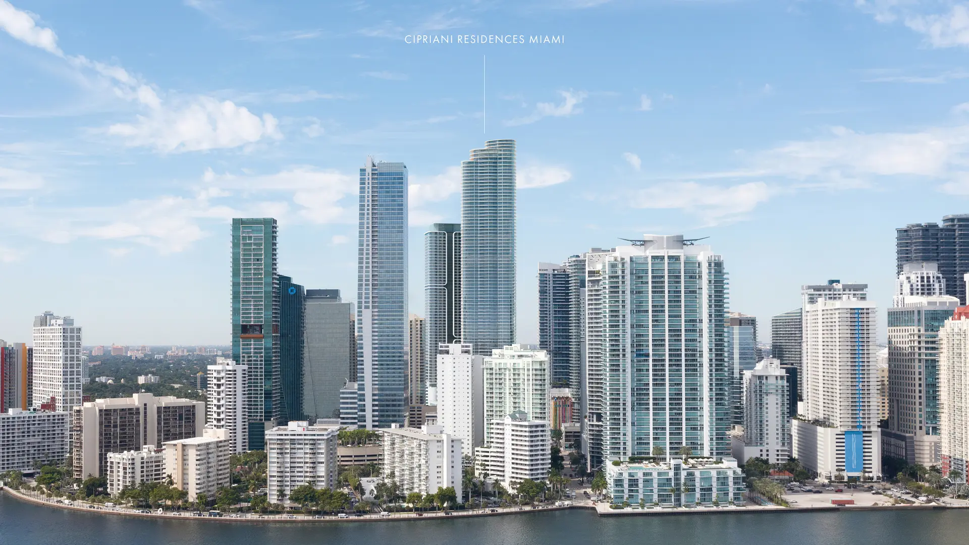 Miami skyline featuring towering buildings including Cipriani Residences Miami.