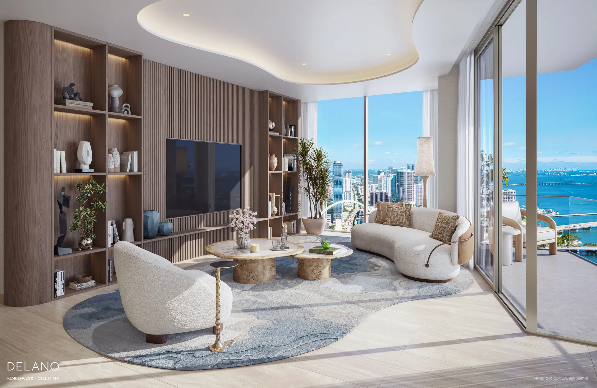 Spacious living room with panoramic city and ocean views at Delano Residences & Hotel Miami.