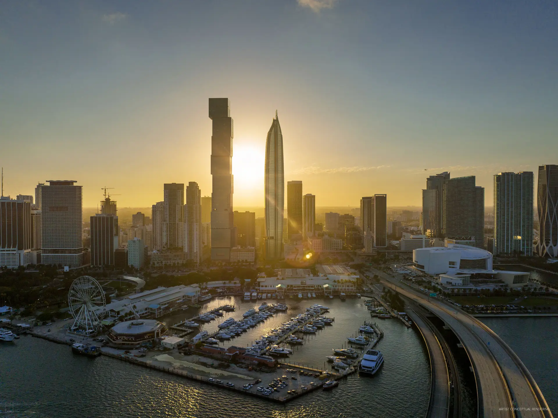 View of Delano Residences & Hotel Miami with a sunset over the skyline and marina.