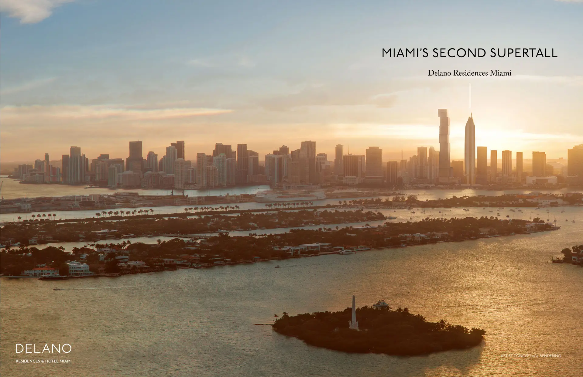 Sunset skyline view over Miami from the Delano Residences & Hotel Miami.