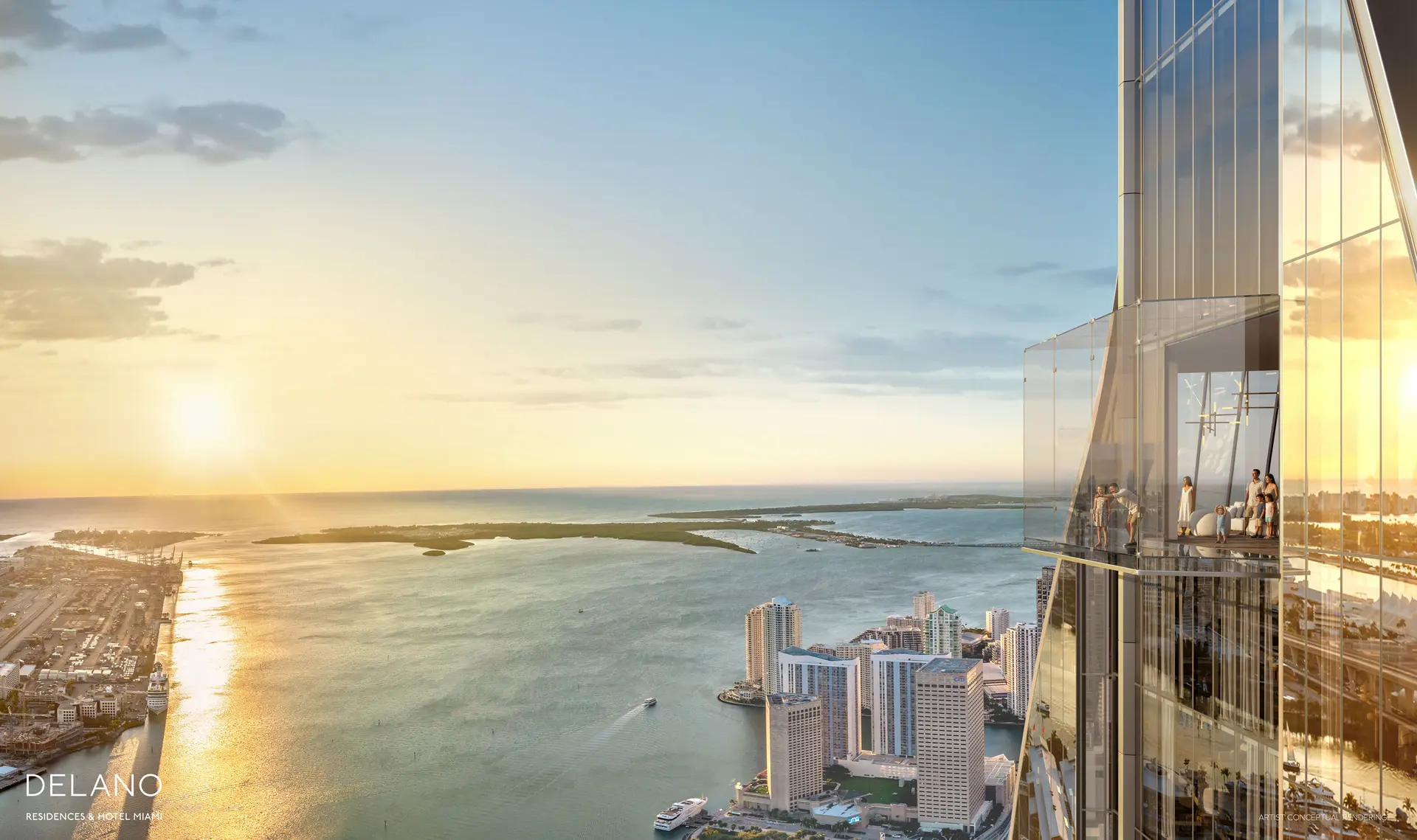 Balcony view of sunset over Miami's Biscayne Bay from Delano Residences & Hotel Miami.