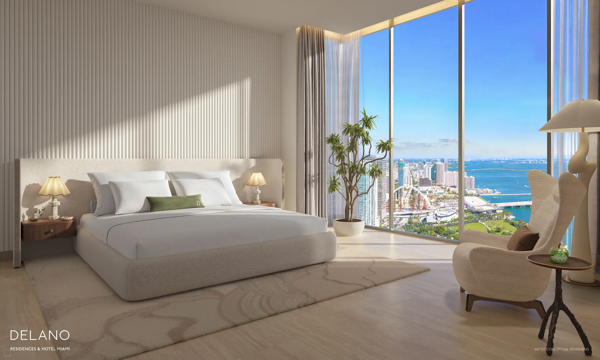 Elegant bedroom with ocean view at Delano Residences & Hotel Miami.