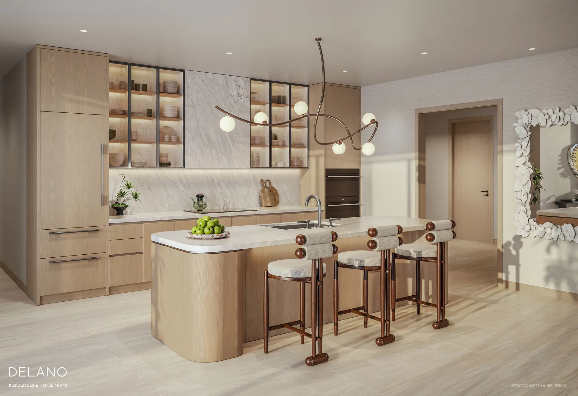 Modern kitchen interior at Delano Residences & Hotel Miami, featuring sleek cabinetry and island.