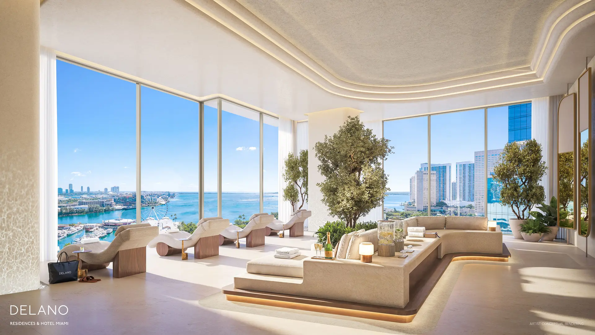 Luxurious interior lounge with oceanview at Delano Residences & Hotel Miami.