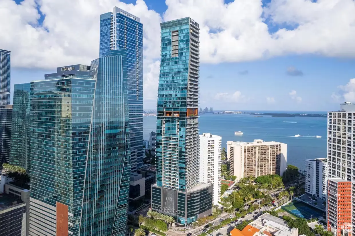 Echo Brickell tower with Miami skyline and waterfront view.