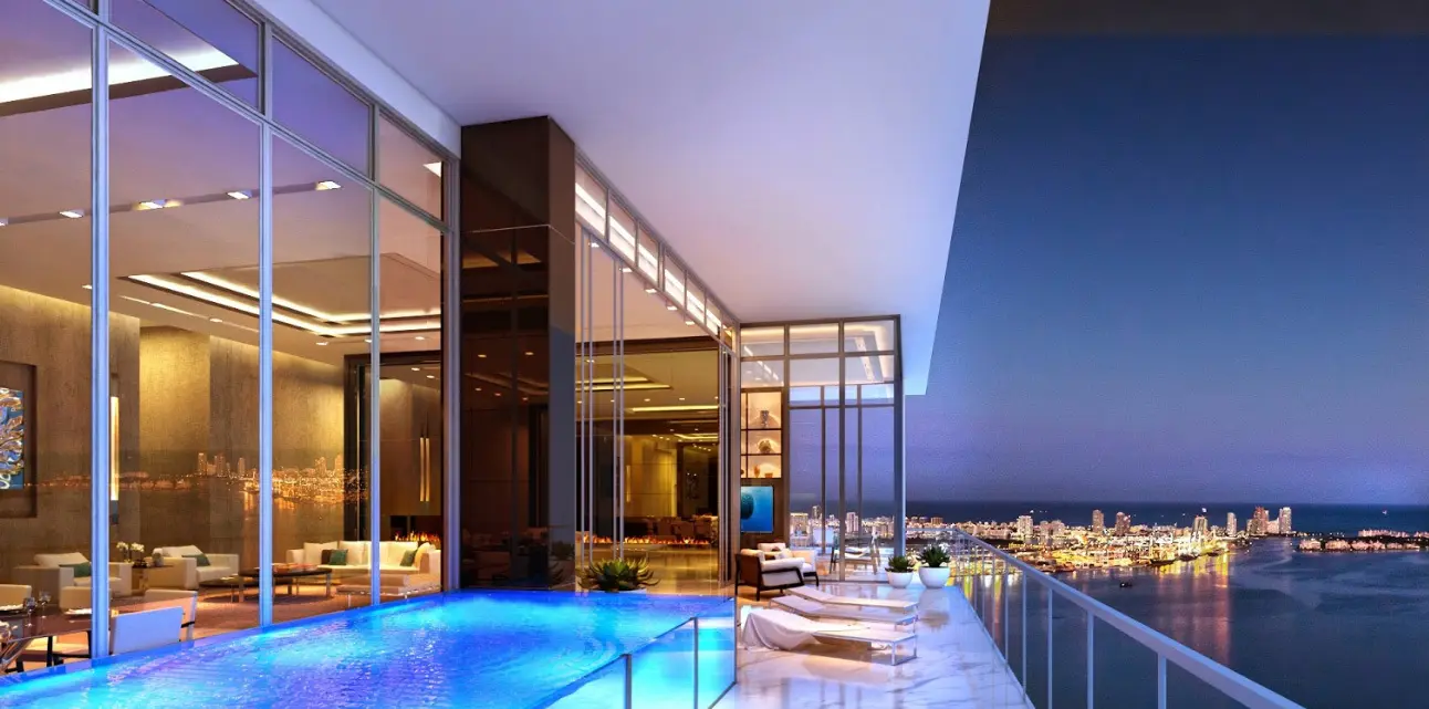 Echo Brickell rooftop pool with a stunning night view of Miami.