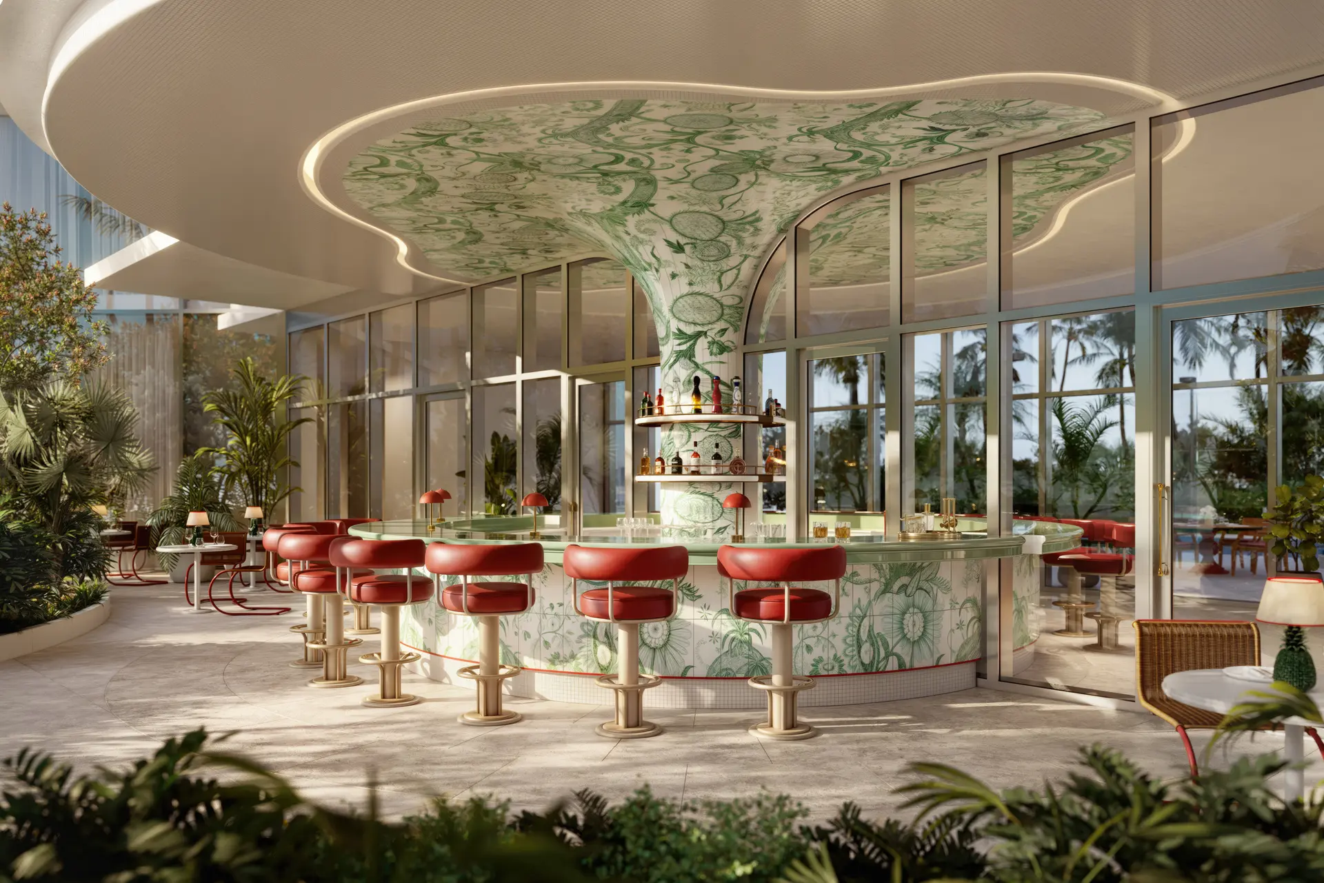 Elegant bar with red stools and green decor at Faena Residences Miami.