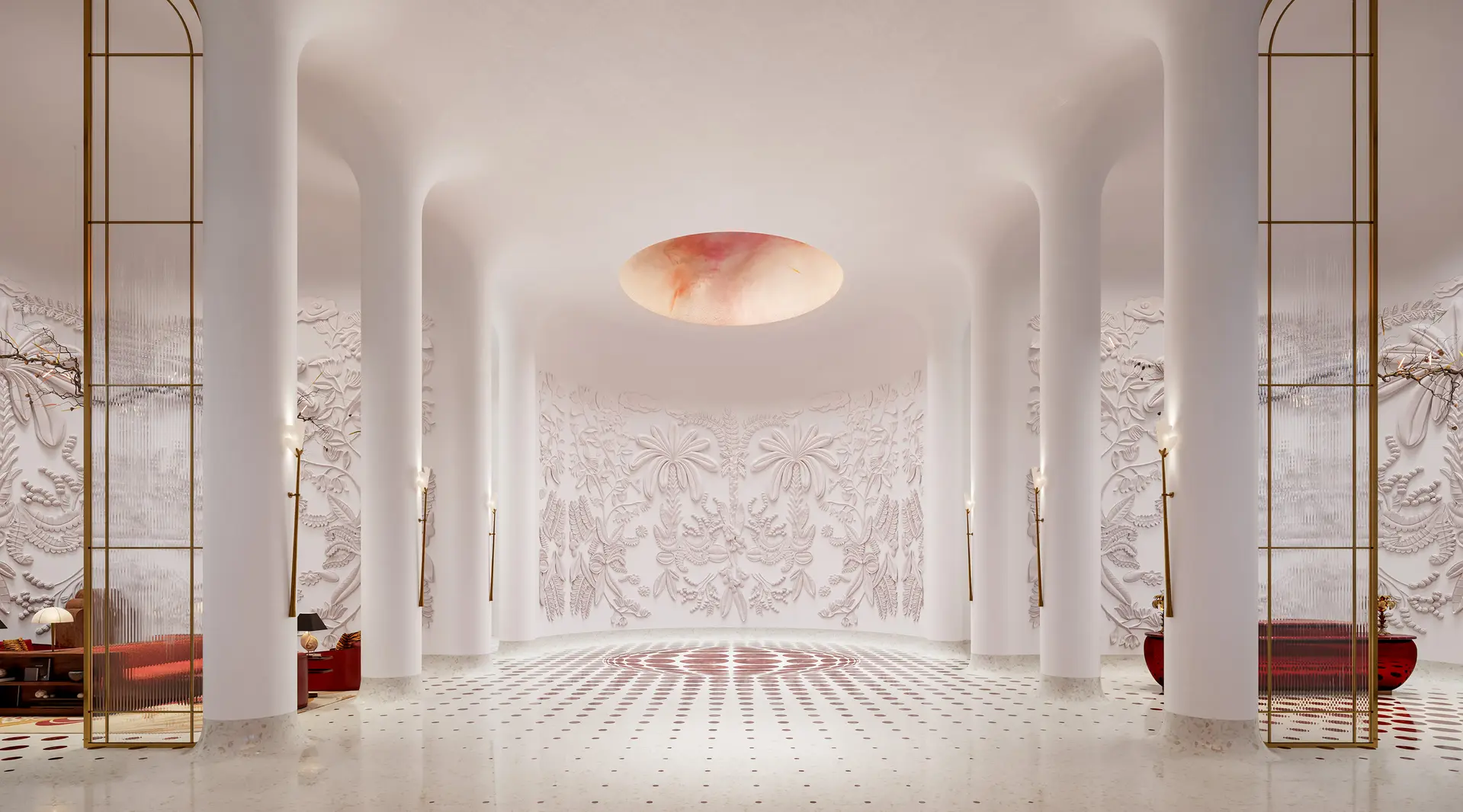 Elegant lobby of Faena Residences Miami featuring white pillars and intricate wall designs.