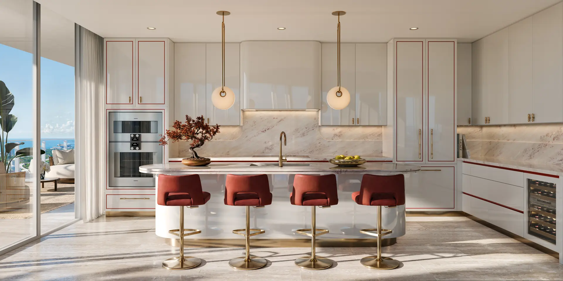 Luxurious kitchen at Faena Residences Miami with sleek countertops and ocean view.