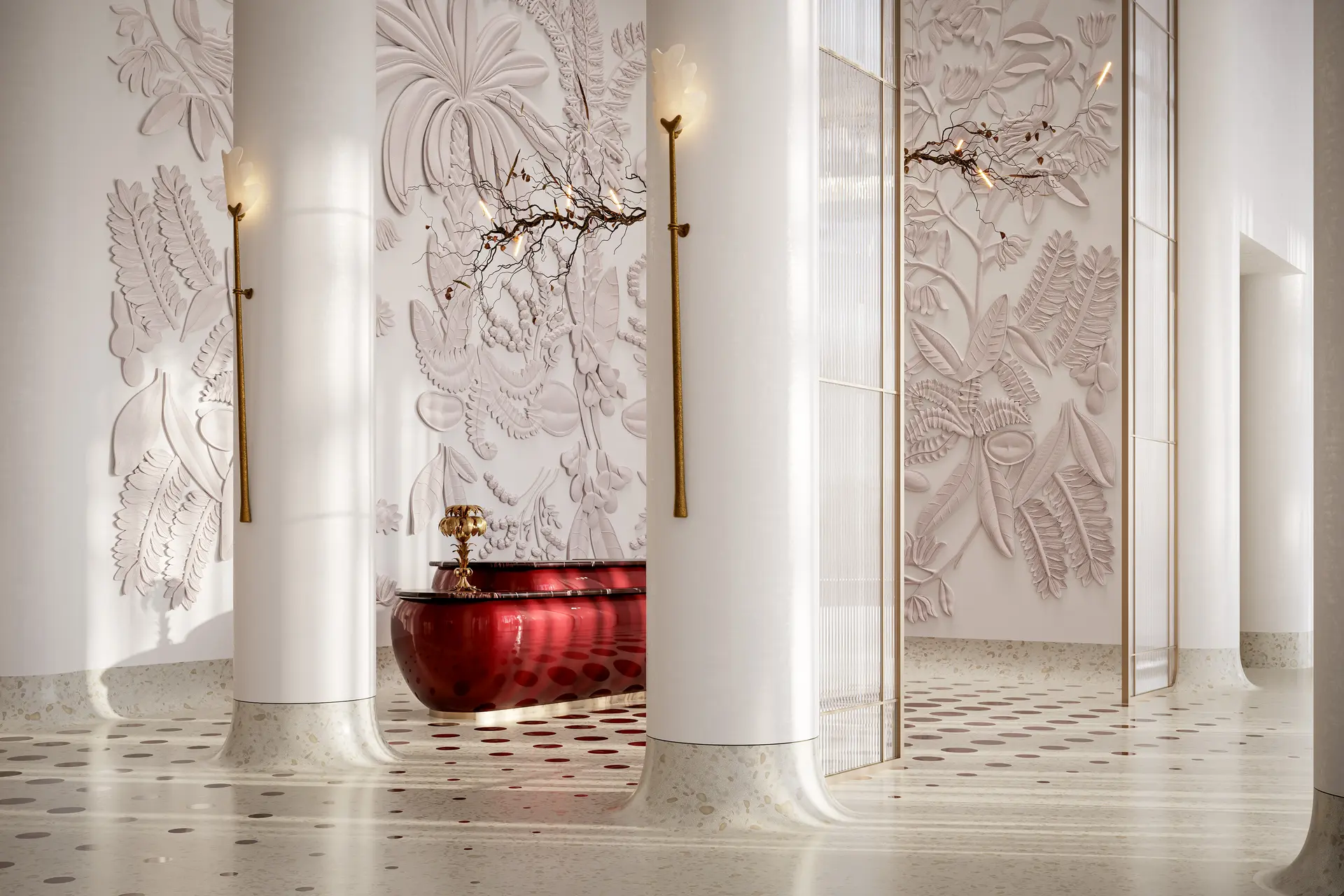 Opulent lobby design with intricate wall patterns at Faena Residences Miami.
