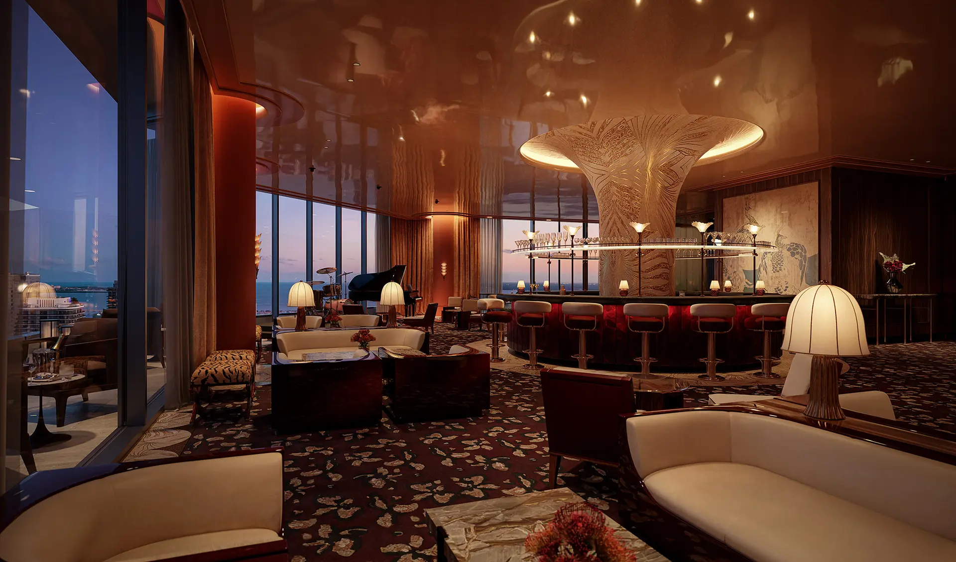 Elegant lounge with a large bar and ocean view at Faena Residences Miami.