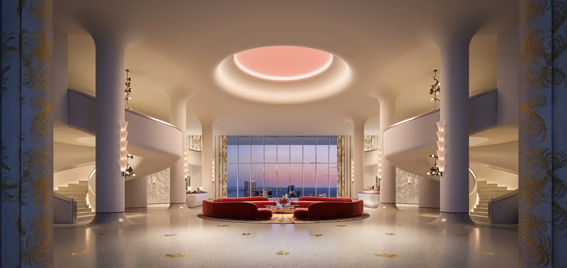 Elegant lobby with curved staircases and ocean views at Faena Residences Miami.