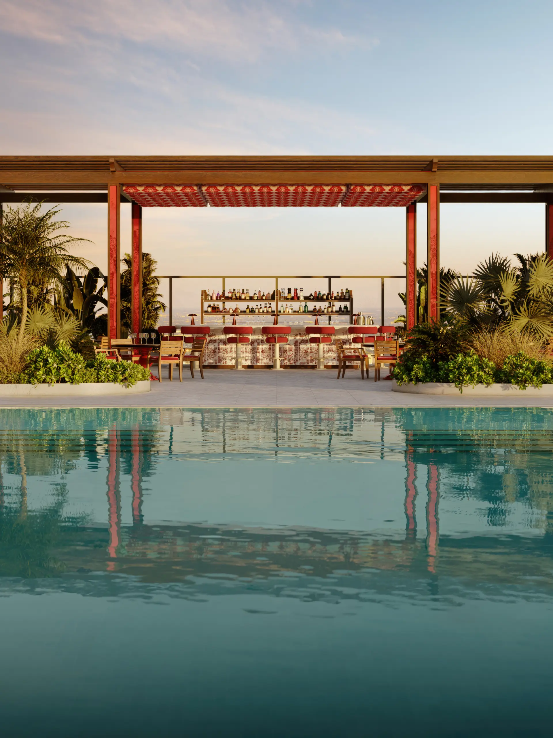 Poolside bar with red canopy and lush greenery at Faena Residences Miami.
