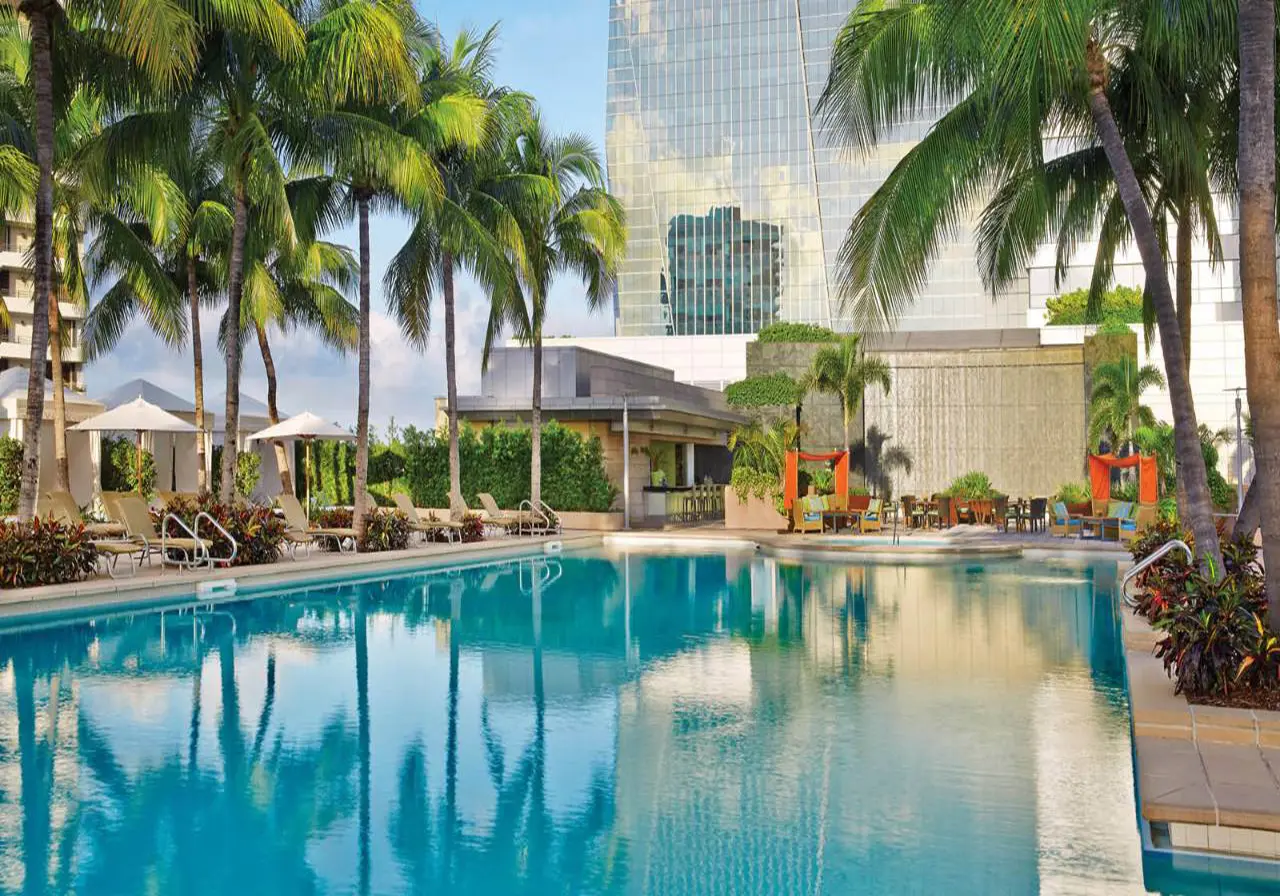 Relaxing pool area at Four Seasons Residences in Miami with palm trees and lounge chairs.