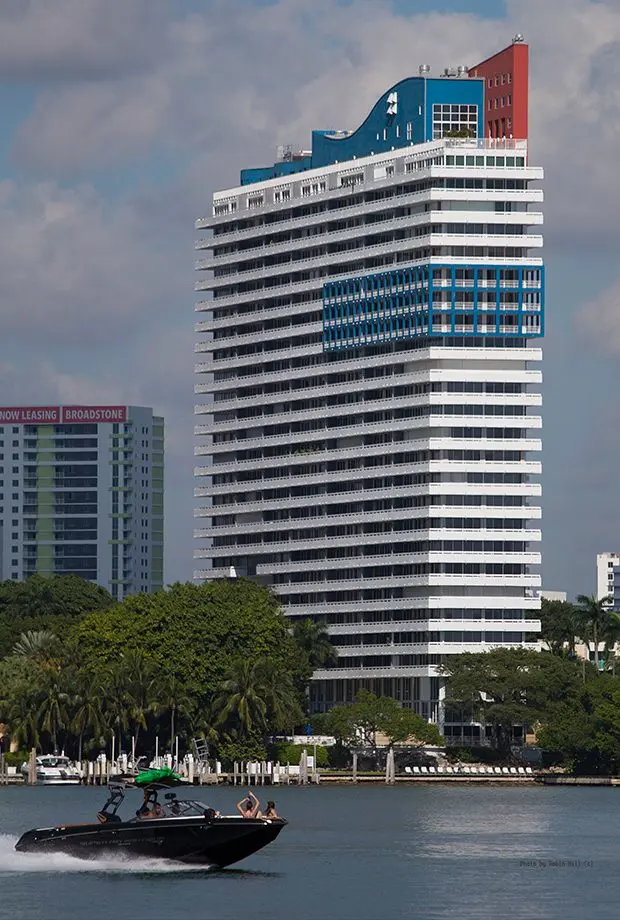 Imperial at Brickell's distinctive architecture seen from the waterfront in Miami.