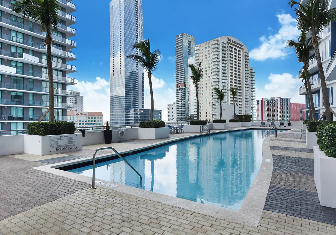Infinity at Brickell's rooftop pool with Miami skyscrapers in the background.