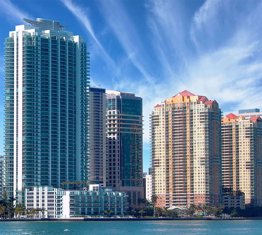 Skyline view of Jade at Brickell Bay in Miami with surrounding high-rises.