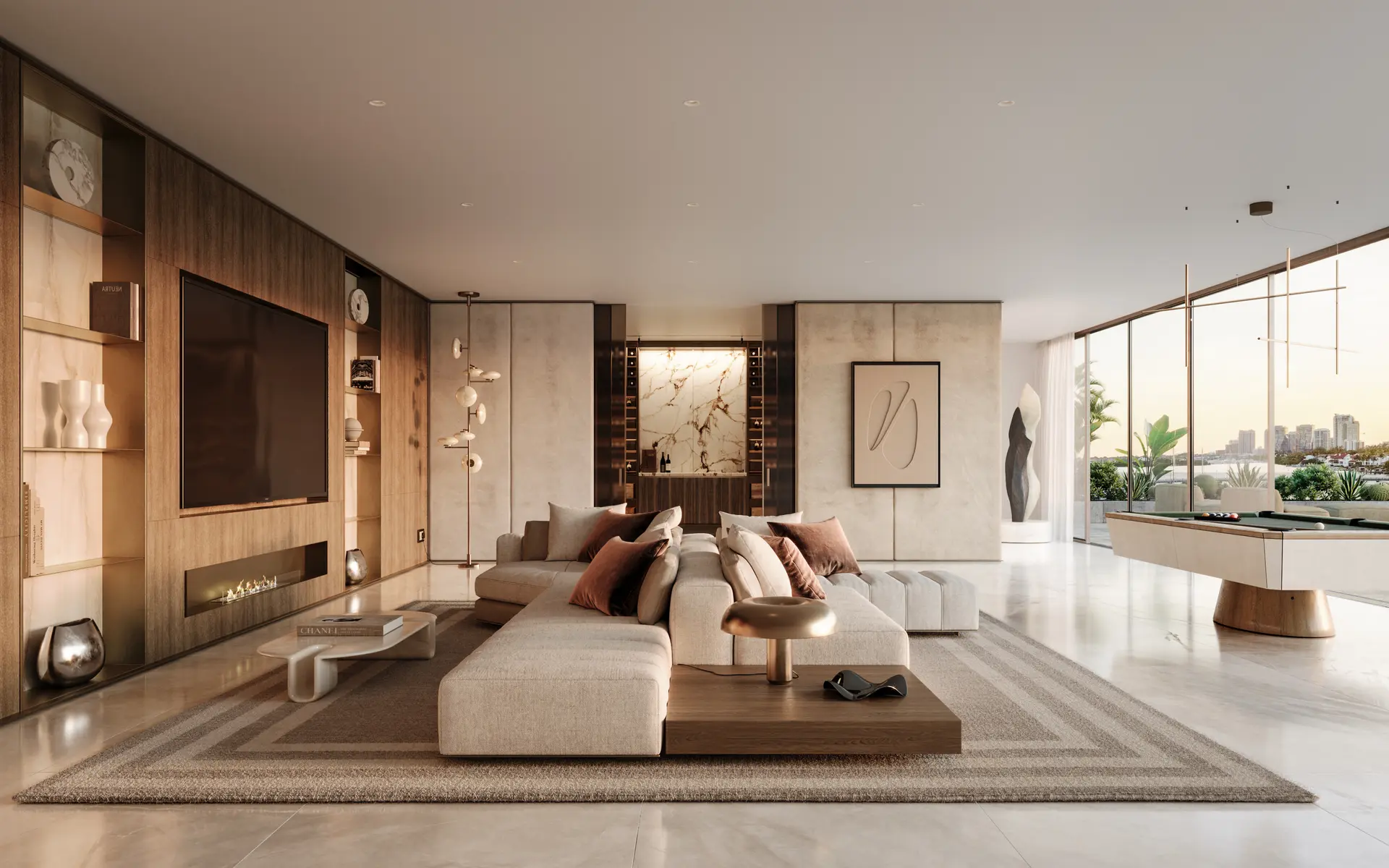 Luxurious Miami living room with modern decor and pool table in the [Project Name].