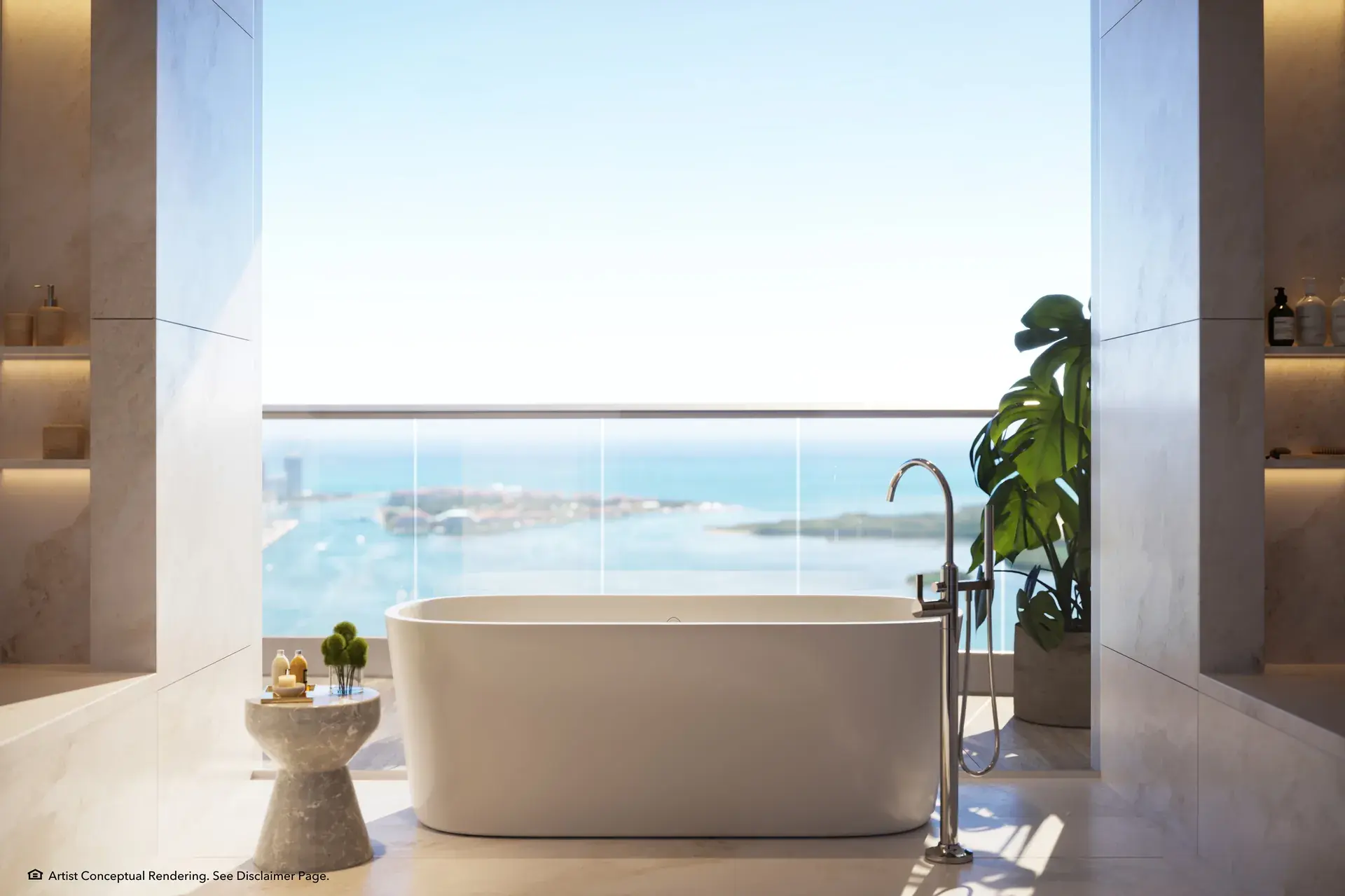 Luxurious bathroom tub with ocean view at Mandarin Oriental Residences Miami.