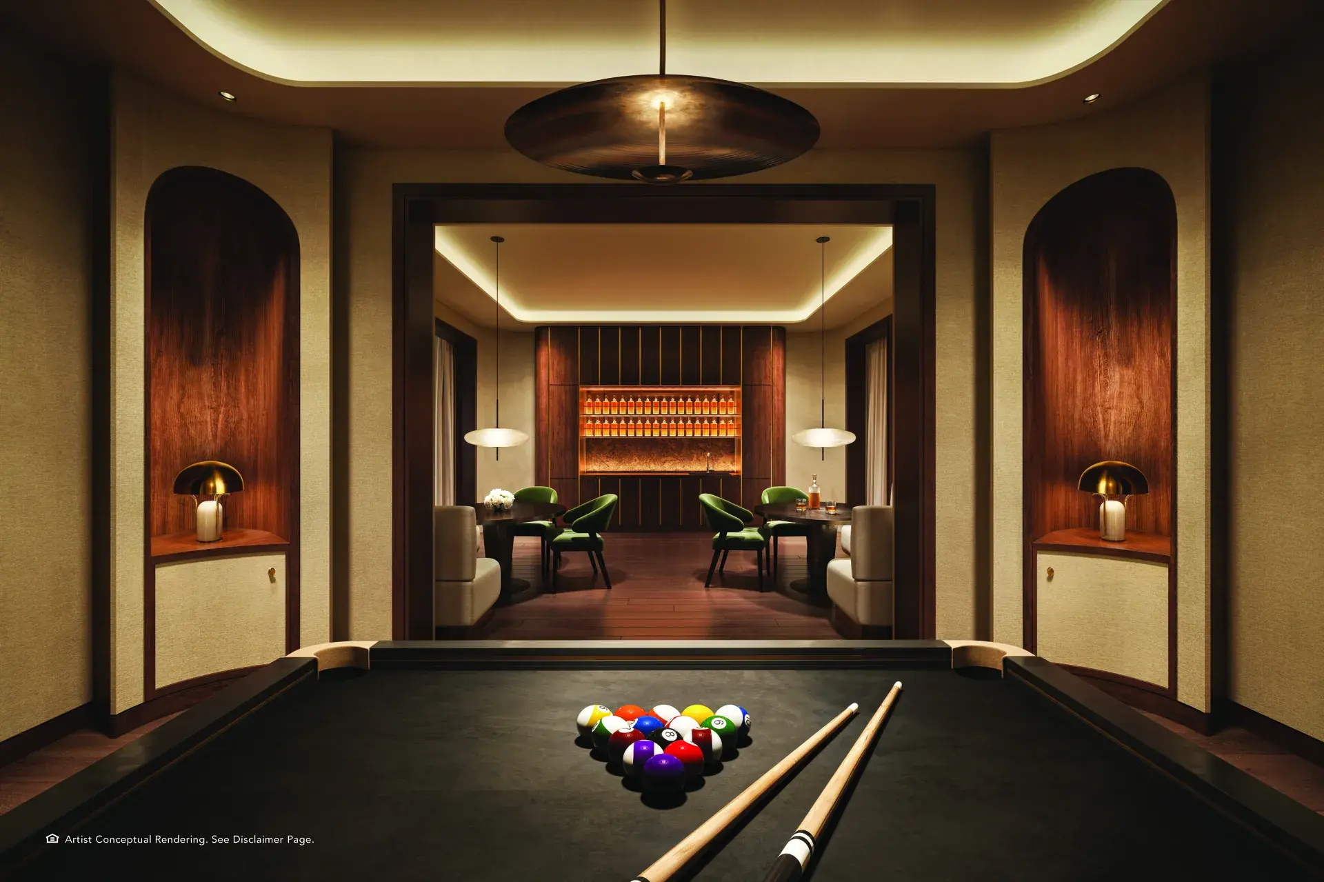 Elegant billiards room and lounge area at Mandarin Oriental Residences Miami.