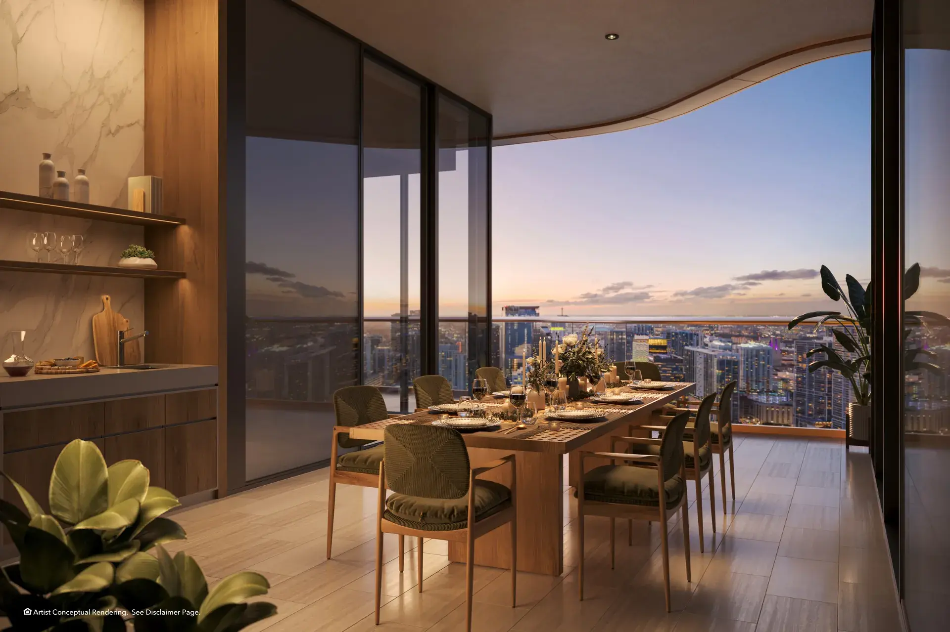 Dining area with cityscape view at Mandarin Oriental Residences Miami.
