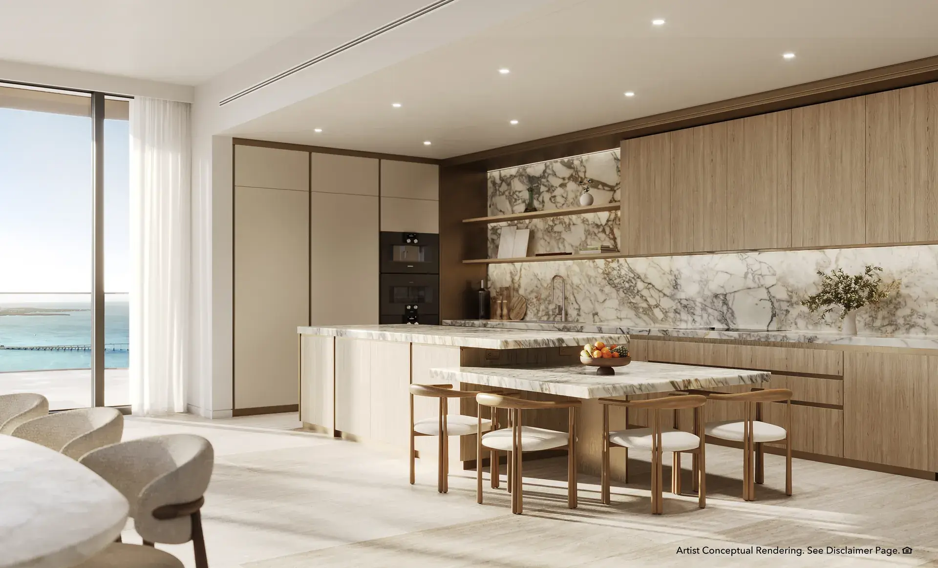 Luxury kitchen at Mandarin Oriental Residences Miami with marble counters and ocean view.