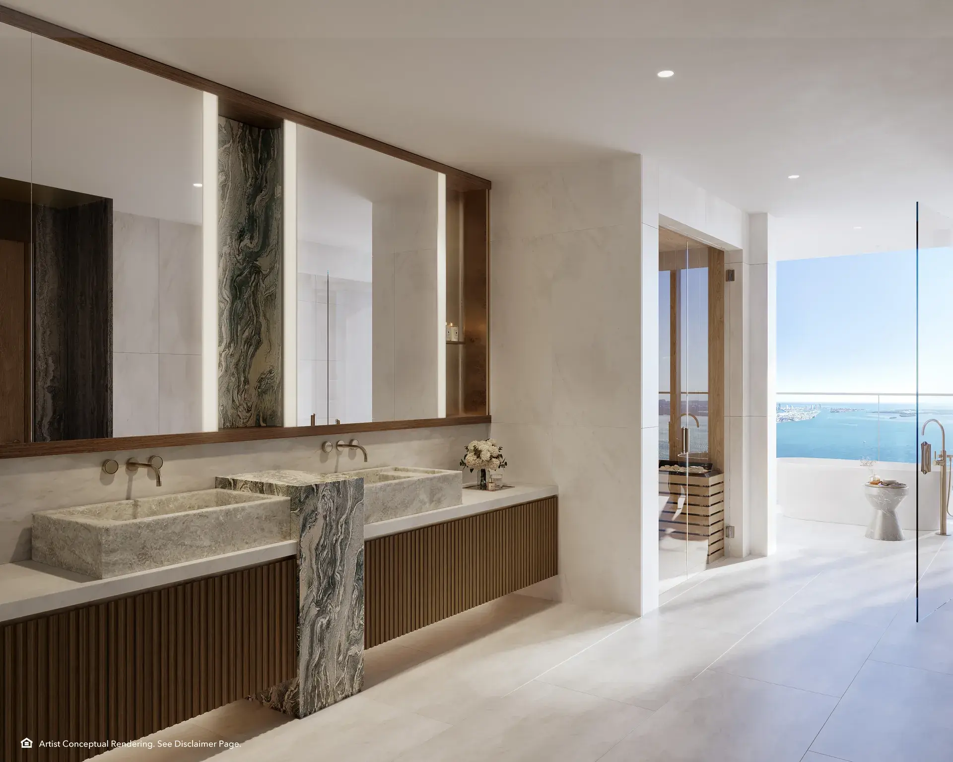 Luxury bathroom with ocean view at Mandarin Oriental Residences Miami.